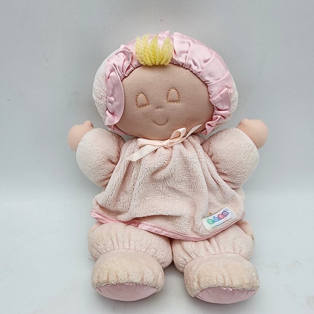 Vintage Eden Blonde So Soft Baby Doll Stuffed Plush Toy 10" Pink Satin Trim
